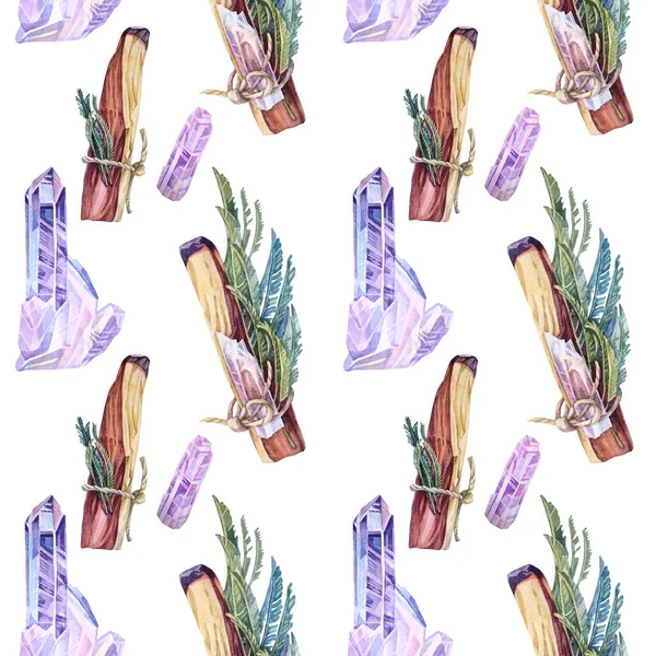 Безшовний візерунок акварельна паличка з дерева Санто ладан, перев'язана з кришталем і травами на білому тлі. Мальовані вручну ілюстрації для йоги, медитації, ароматерапії, зцілення — стокове фото