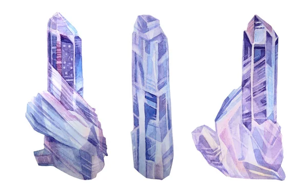 Beyaz arka planda izole edilmiş suluboya mineral mavisi kristal elmas koleksiyonu. Meditasyon için el yapımı hazine taşı, ofis malzemeleri, çıkartma, eskiz defteri, kart, kutlama