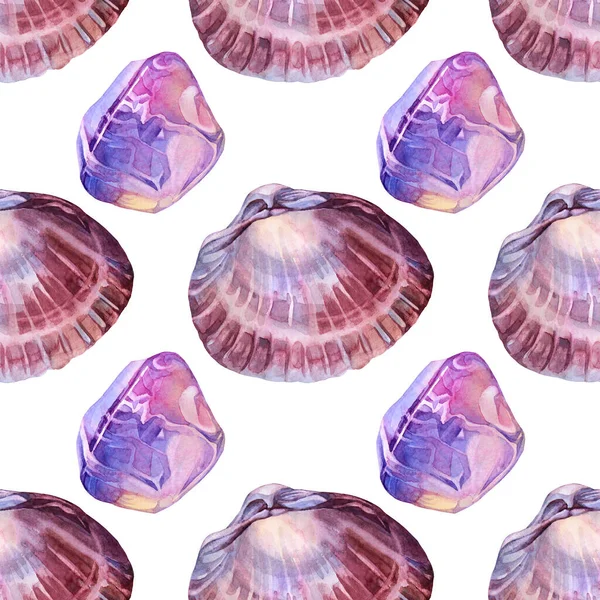 Modello senza cuciture acquerello rosa guscio di mare marrone con perla, ametista minerale, quarzo su bianco. Sfondo disegnato a mano creativo per celebrazione, invito, cancelleria, carta, carta da parati, tessile, avvolgimento — Foto Stock