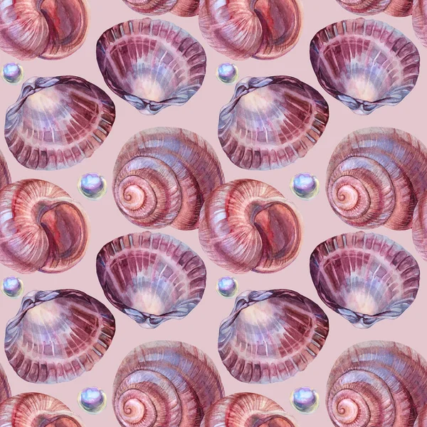 Bezszwowy wzór akwarela brązowa spiralna muszla morska z perłą koralika na różowym tle. Ręcznie rysowane natura realistyczny obiekt do świętowania, papeteria, karta, tapety, tekstylia, opakowanie, kwiaciarnia — Zdjęcie stockowe