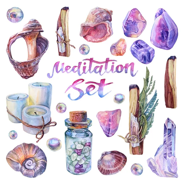 Suluboya meditasyon seti kabuğu, otlarla sarılı palo santo, kristal, mum, şişe, inci. Sakinleşin ve rahatlayın. Yoga, çıkartma, ambalaj, eskiz defteri ve sihir için elle çizilmiş boho objesi.