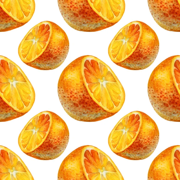 Motif sans couture aquarelle agrumes tranche d'orange isolé sur fond blanc. Objet alimentaire dessiné à la main pour menu, autocollant, emballage, carte, papier peint — Photo