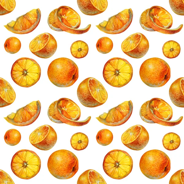 Motif sans couture aquarelle agrumes tranche d'orange sur fond blanc. Objet alimentaire d'été dessiné à la main pour menu, autocollant, emballage, carte, papier peint, célébration — Photo