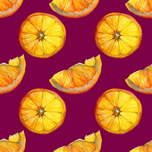 Padrão sem costura aquarela citrinos laranja fatia no fundo roxo. Objeto de comida de verão desenhado à mão para menu, adesivo, embalagem, cartão, papel de parede, celebração — Fotografia de Stock