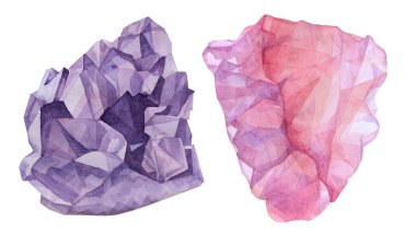 Beyaz üzerine izole edilmiş ametist ve gül kuvars mineral suluboya çizimi yapın. Değerli bir taş. Çıkartma, kartpostal, ambalaj için yaratıcı mor nesne