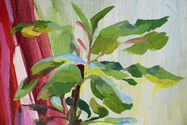 Red pink white green plant with leaves texture abstract oil painting on canvas background. Art brushstroke object for textile, card, wallpaper, wrapping, sketchbook, coloring book — Stock Photo, Image