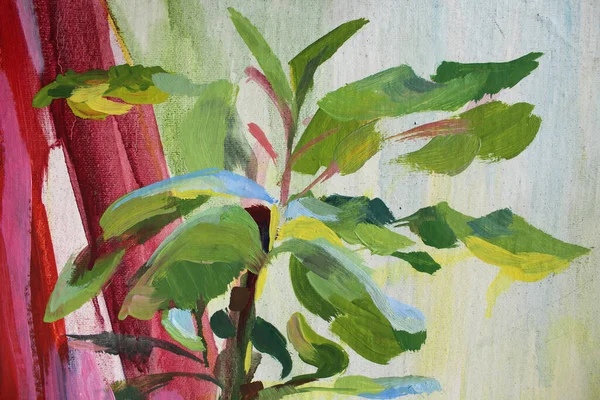 Red pink white green plant with leaves texture abstract oil painting on canvas background. Art brushstroke object for textile, card, wallpaper, wrapping, sketchbook, coloring book
