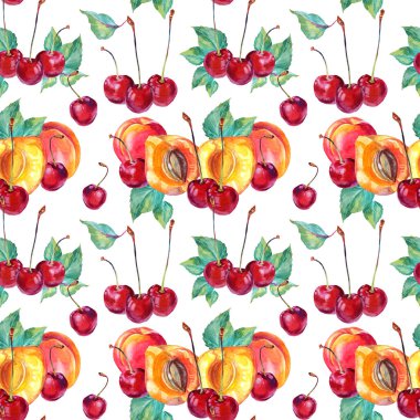 Kusursuz desenli suluboya kayısı, yeşil yapraklı kiraz. Kırmızı, sarı, turuncu el yapımı meyve meyvesi, beyaz arka planda. Tatlı tatlı yaz yemeği. Menü, kart, paket sanatı