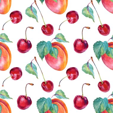 Kusursuz desenli suluboya kayısı, yeşil yapraklı kiraz. Kırmızı, sarı, turuncu el yapımı meyve meyvesi, beyaz arka planda. Tatlı tatlı yaz yemeği. Menü için klip sanatı, davet, paketleme