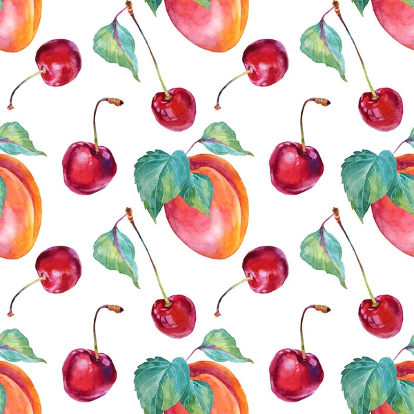 Бесшовный рисунок акварельный абрикос, вишня с зелеными листьями. Красная, желтая, оранжевая ручная ягода на белом фоне. Сладкий десерт летняя еда. Клип-арт для меню, интонации, обертывания — стоковое фото