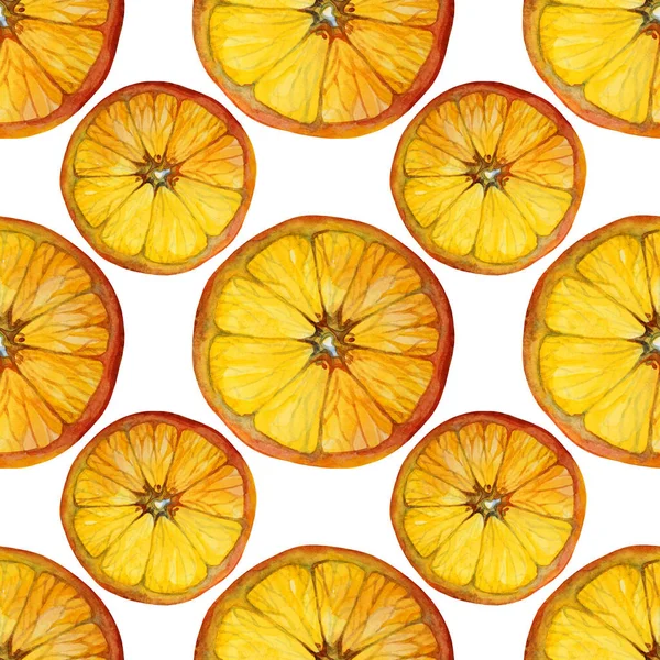 Безшовний візерунок акварельний цитрусовий фруктовий апельсиновий шматочок на білому тлі. Рука намальована літній об'єкт харчування для меню, наклейки, упаковки, картки, шпалер, святкування — стокове фото