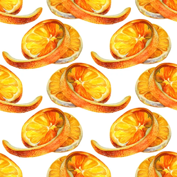 Motif sans couture aquarelle agrumes tranche d'orange sur fond blanc. Objet alimentaire d'été dessiné à la main pour menu, autocollant, emballage, carte, papier peint, célébration — Photo