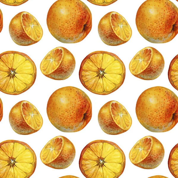 Безшовний візерунок акварельний цитрусовий фруктовий апельсиновий шматочок ізольований на білому тлі. Ручний намальований об'єкт харчування для меню, наклейки, обгортання, картки, шпалер — стокове фото