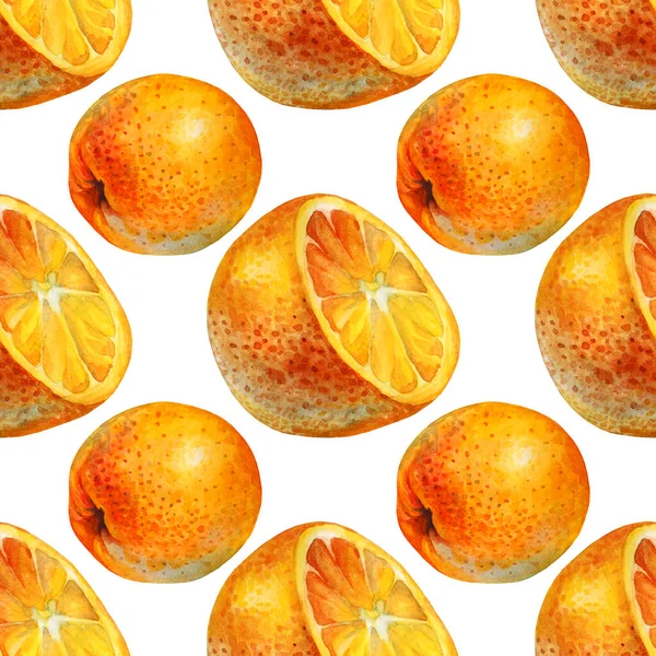 Motif sans couture aquarelle agrumes tranche d'orange sur fond blanc. Objet alimentaire dessiné à la main pour menu, autocollant, emballage, carte, papier peint, célébration — Photo