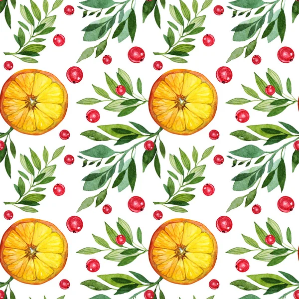 Seamless pattern watercolor citrus fruit orange slice, green leaves, red berries cranberry isolated on white background. Hand-drawn food object for menu, sticker, wrapping, wallpaper — Fotografia de Stock