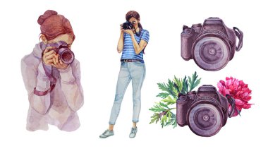 Çiçekli şakayık ve yeşil yapraklı fotoğraf makineli suluboya kızı ayarla. Yaz sonbahar havası. Beyaz arka planda el çizimi kadın fotoğrafçı. Çıkartma kartı için yaratıcı klip sanatı