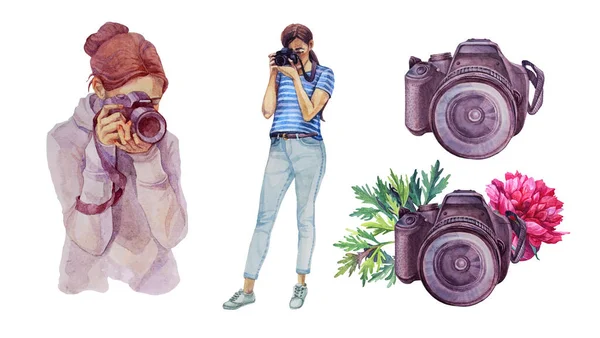 Definir menina aquarela com uma câmera de fotos com peônia flor e folhas verdes. Verão clima outono. Fotógrafo mulher desenhada à mão isolado em fundo branco. Arte clipe criativo para cartão de adesivo — Fotografia de Stock