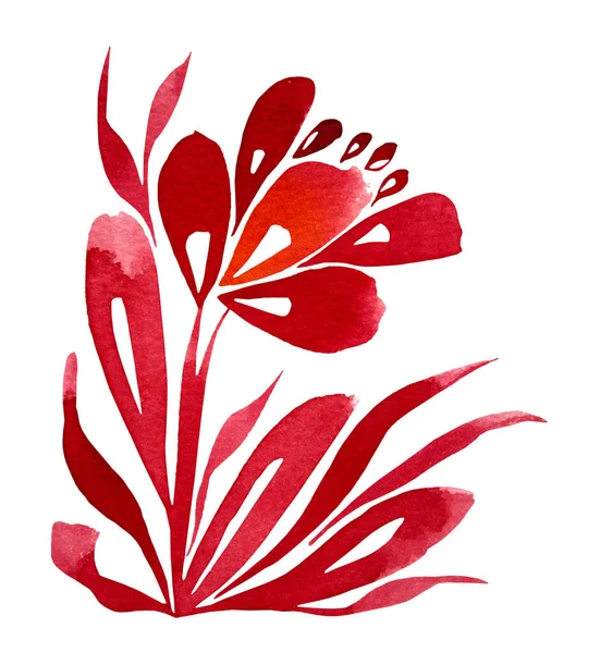 Akvarell kézzel rajzolt piros absztrakt virág levelek elszigetelt fehér alapon. Művészi természet tárgy matrica, tapéta, textil, csomagolás — Stock Fotó