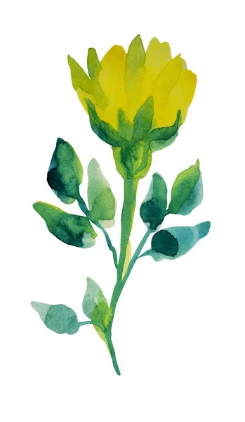 노란색의 추상적 인 물꽃은 흰색 배경에 녹색의 잎 이 고립되어 있다. 손으로 그린 스티커, 벽지, 직물, 포장용 미술 작품 — 스톡 사진