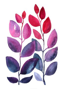 Suluboya pembe, mor, mavi dallar ve beyaz arka planda yapraklar. Düğün, kutlama, duvar kağıdı, çıkartma için yaratıcı klip sanatı