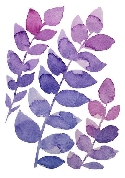 Suluboya pembe, mor, mavi dallar ve beyaz arka planda yapraklar. Düğün, kutlama, duvar kağıdı, çıkartma için yaratıcı klip sanatı