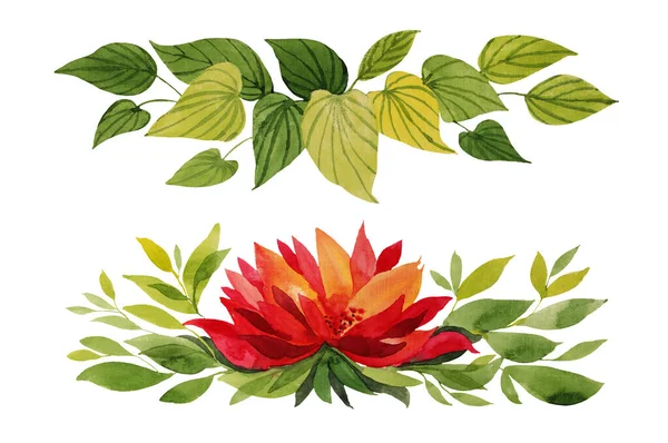 Akvarell kézzel rajzolt narancs és vörös őszi virág krizantém vagy liliom zöld levelek elszigetelt fehér alapon. Art kreatív horizontális tárgy matrica, kártya, tapéta, textil — Stock Fotó