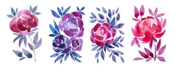 Встановіть акварельний мальований вручну фіолетовий і рожевий абстрактний букет півонії або троянди квітки з листям ізольовані на білому тлі. Мистецький творчий об'єкт природи для карт, наклейок, шпалер, текстилю — стокове фото