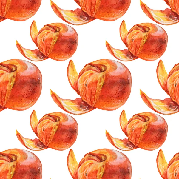 Płynny wzór akwarela owoców cytrusowych pomarańczowy obrać mandarynki na białym tle. Ręcznie rysowane jedzenie na zimę lub lato, świąteczny przedmiot do menu, opakowanie, tapeta, notatnik — Zdjęcie stockowe
