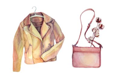 Askısı olan suluboya bej renkli deri ceket, pembe çanta, beyaz arka planda izole edilmiş pamuk dalı. Yapıştırma, kart, dükkan, duvar kâğıdı, satış, eskiz defteri için el yapımı günlük giysiler