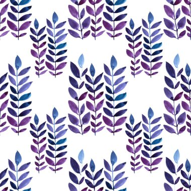 Kusursuz desenli suluboya elle çizilmiş beyaz yapraklı mavi soyut dal. Kart, ambalaj, tekstil, duvar kağıdı için sanat yaratıcılığı arka planı