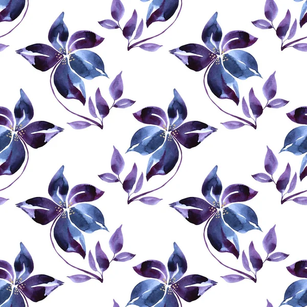 Seamless pattern watercolor hand-drawn blue abstract bud flower on white. Art creative nature background for card, wrapping, textile, wallpaper — Stock Photo, Image