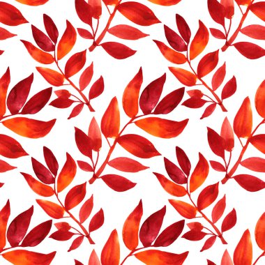 Kusursuz desenli suluboya el yapımı turuncu ve kırmızı çiçek kasımpatı veya zambak ve beyaz arka planda sonbahar yaprakları. Çıkartma, kart, duvar kağıdı, tekstil için sanat yaratıcılığı nesnesi