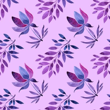 Kusursuz desenli suluboya elle çizilmiş pembe üzerine mavi soyut tomurcuk çiçeği. Kart, ambalaj, tekstil, duvar kağıdı için sanat yaratıcılığı arka planı