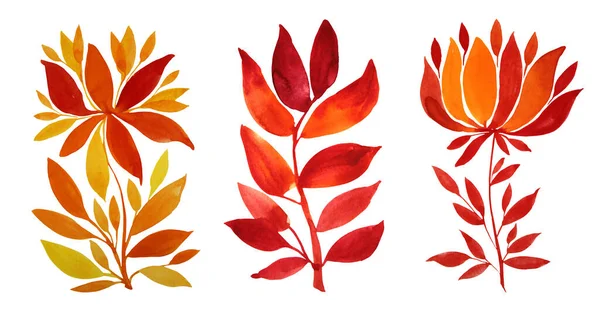 Set watercolor hand-drawn orange and red flower chrysanthemum or lily and autumn leaves isolated on white background. Art creative nature object for sticker, card, wallpaper, textile — Stock Photo, Image