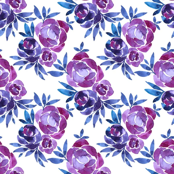Płynny wzór akwarela ręcznie rysowane fioletowy piwonia lub róża abstrakcyjny kwiat z fioletowymi liśćmi na białym tle. Twórczość do kartek, tapet, tekstyliów, opakowań — Zdjęcie stockowe