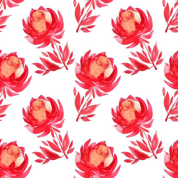Patrón sin costura acuarela dibujado a mano peonía roja o rosa flor abstracta con hojas púrpura sobre fondo blanco. Arte creativo para tarjetas, papel pintado, textiles, envoltura — Foto de Stock