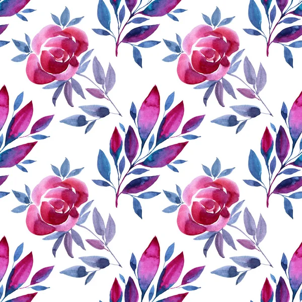 Nahtlose Muster Aquarell handgezeichnete rosa Pfingstrose oder rosa abstrakte Blume mit lila Blättern auf weißem Hintergrund. Kreative Kunst für Karton, Tapete, Textil, Verpackung — Stockfoto