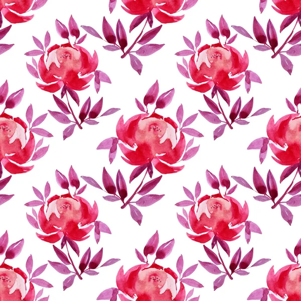 Motif sans couture aquarelle pivoine rose dessinée à la main ou rose fleur abstraite avec des feuilles violettes sur fond blanc. Art créatif pour carte, papier peint, textile, fleuriste — Photo