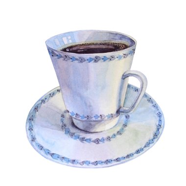 Beyaz arka planda izole edilmiş kahvaltı için çay tabağı dolusu sıcak aromatik kahve ile suluboya mavi porselen bardak. Enerji içeceği espresso ya da aroma çayı. Kafe, menü, kafeterya için yaratıcı klip sanatı