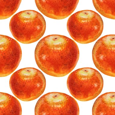 Kusursuz desenli suluboya turuncu turuncu mandalina beyaz arka planda izole edilmiş. Kış ve yaz için el yapımı yiyecekler, menü, ambalaj, kart, duvar kâğıdı, defter