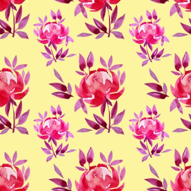 Kusursuz desenli suluboya elle çizilmiş pembe şakayık ya da sarı arka planda mor yapraklı gül soyut çiçek. Kart, duvar kağıdı, tekstil ve ambalaj için yaratıcı sanat