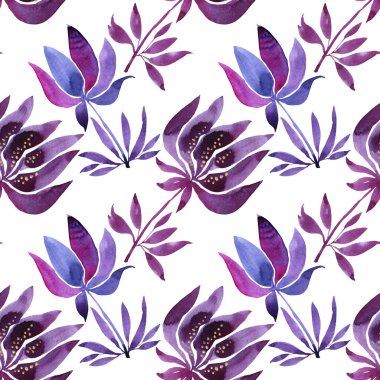 Kusursuz desenli suluboya elle çizilmiş mavi soyut tomurcuk çiçeği beyaza. Kart, ambalaj, tekstil, duvar kağıdı için sanat yaratıcılığı arka planı