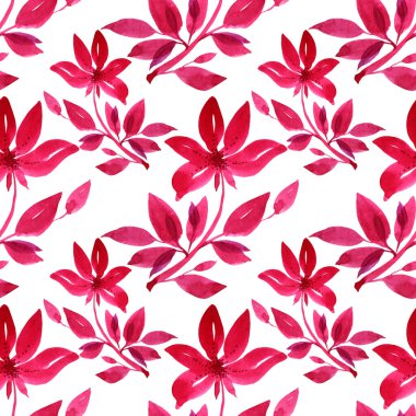 Kusursuz desenli suluboya el yapımı kırmızı çiçek kasımpatı veya zambak ve beyaz arka planda sonbahar yaprakları. Yapıştırma, kart, duvar kağıdı ve ambalaj için sanat yaratıcılığı nesnesi