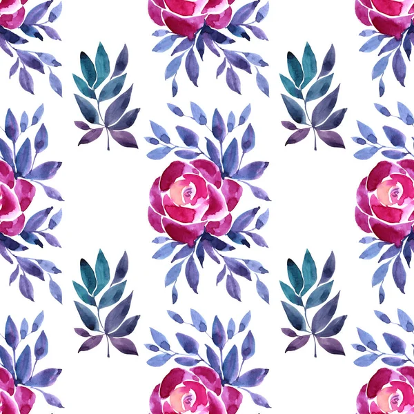 Nahtlose Muster Aquarell handgezeichnete rosa Pfingstrose oder rosa abstrakte Blume mit lila Blättern auf weißem Hintergrund. Kreative Kunst für Karton, Tapete, Textil, Verpackung — Stockfoto