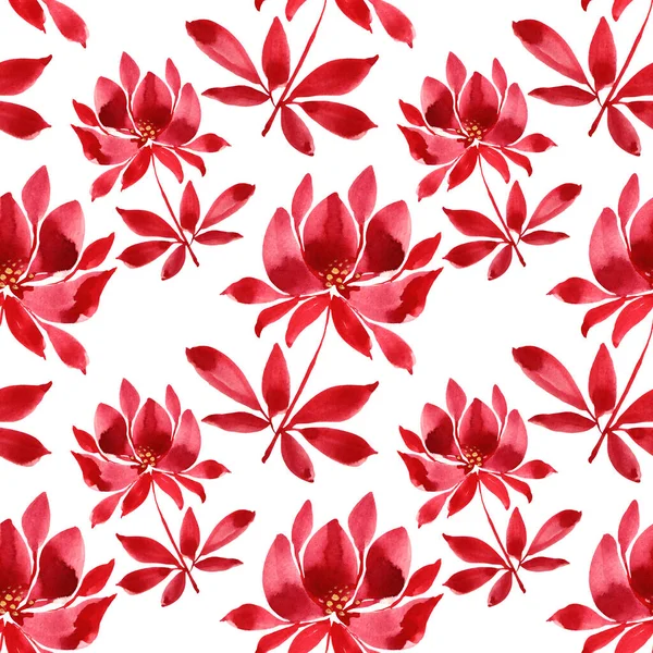 Seamless pattern watercolor hand-drawn red flower chrysanthemum or lily and autumn leaves on white background. Art creative nature object for sticker, card, wallpaper, textile — Stock Photo, Image