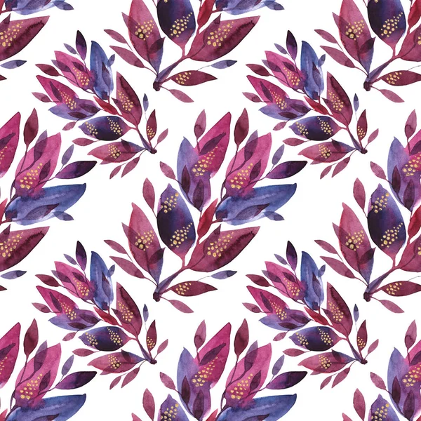 Padrão sem costura aquarela desenhado à mão azul roxo flor botão abstrato folhas no branco. Arte natureza criativa fundo para cartão, embrulho, têxtil, papel de parede — Fotografia de Stock