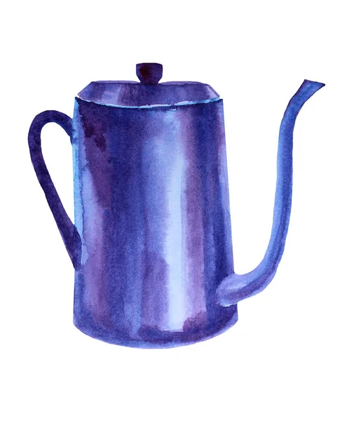 Акварель синий чайник нарисованы вручную изолированы на белом фоне. Креативный клип-арт для меню, стикера, кафе, обоев, обертывания — стоковое фото
