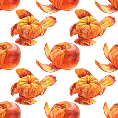 Kusursuz desenli suluboya turunçgil portakalı beyaz arka plandaki mandalinayı soyar. Kış ve yaz için el yapımı yiyecekler, menü, ambalaj, duvar kâğıdı, defter