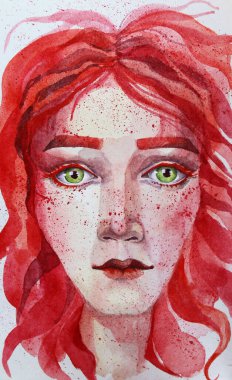 Kızıl saçlı ve yeşil gözlü bir kadının el çizimi portresi. Beyaz arka planda izole edilmiş suluboya resim.