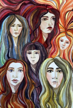 Kadın eli çizilmiş yüzler suluboya çok renkli çizimler yapıyor